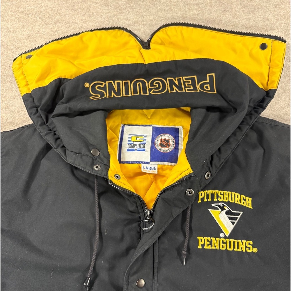 Vintage Competitor NHL Pittsburgh Penguins Parka Jacket Black Yellow Mens Large